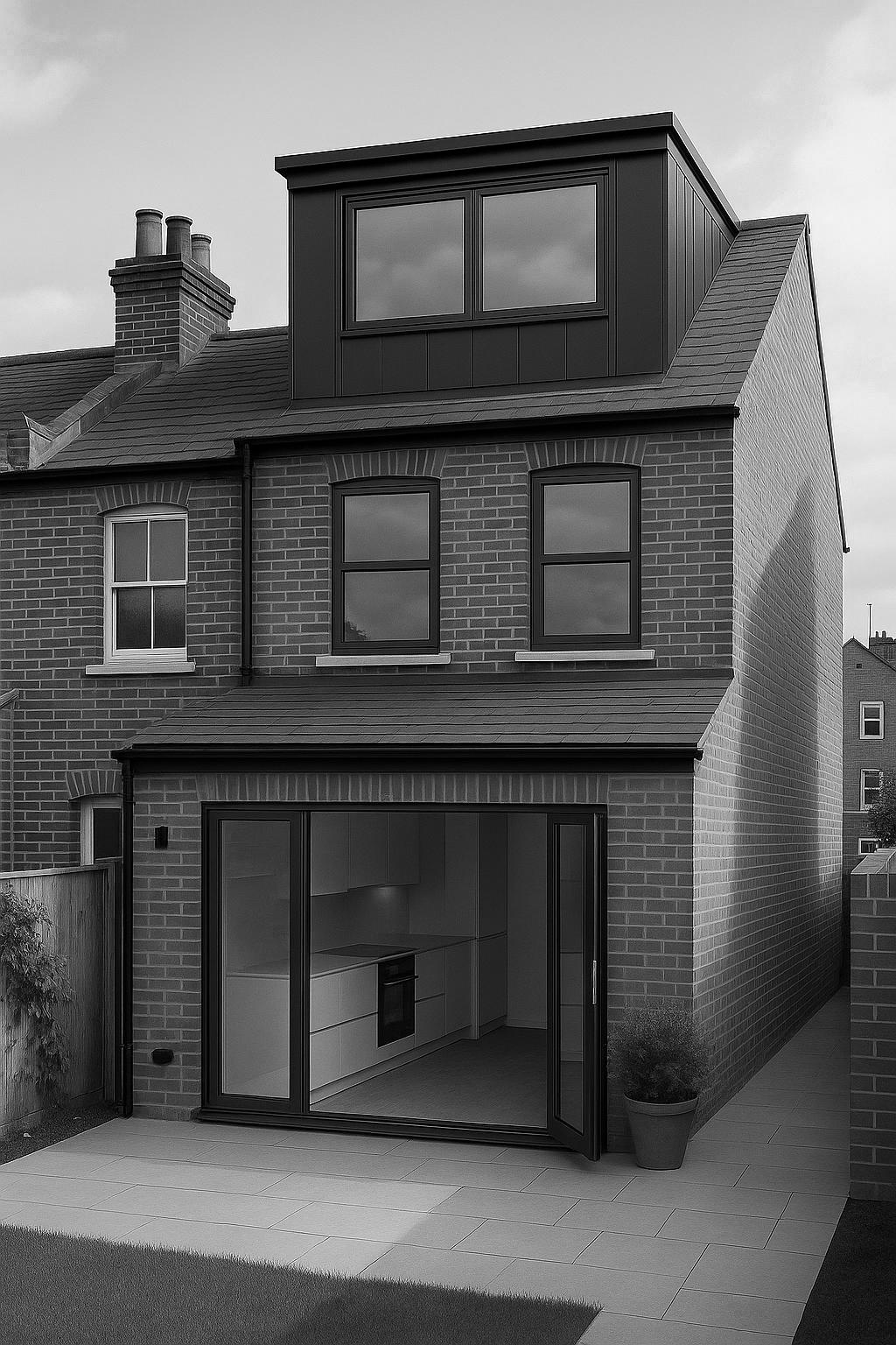 Modern house extension with contemporary loft conversion and bi-fold doors opening to garden