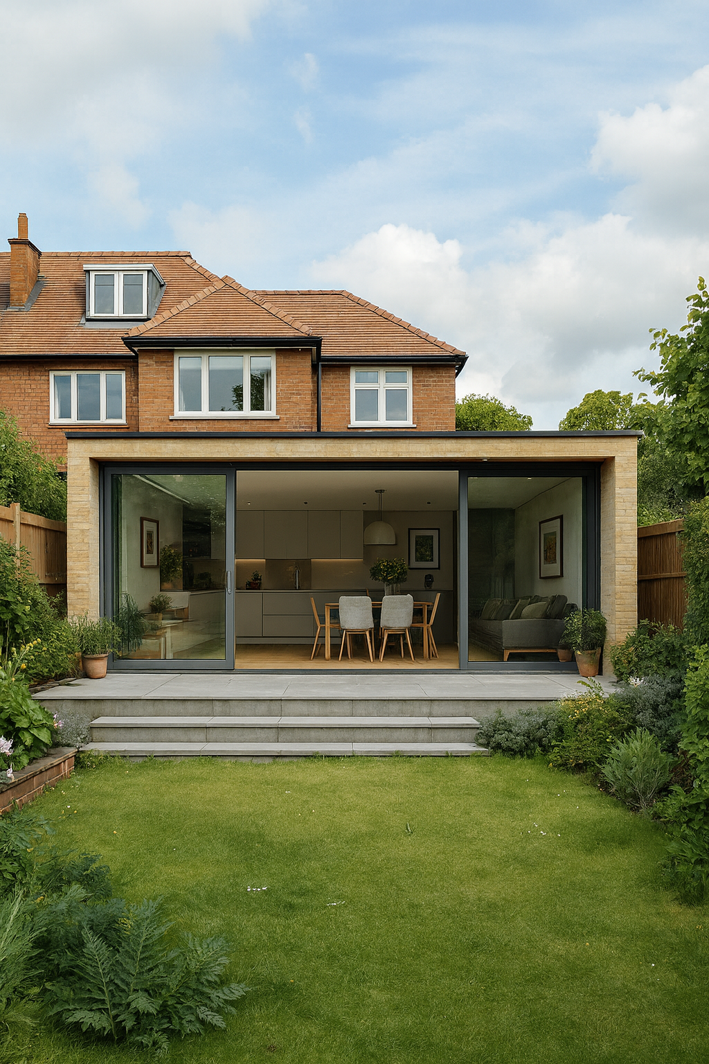 Traditional brick house with modern ground floor extension featuring large glass sliding doors and open-plan kitchen living space