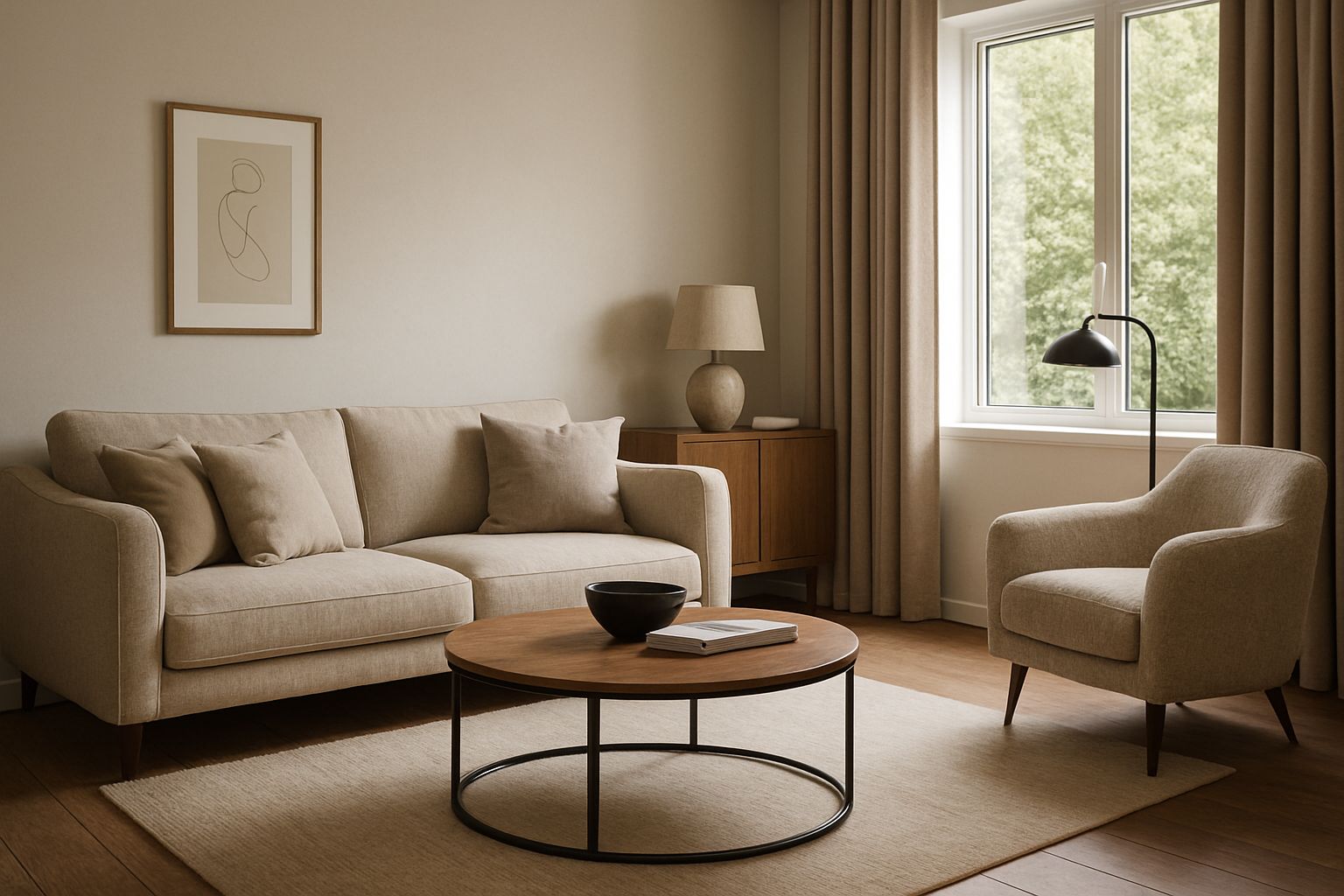 Modern bedroom renovation with sage green walls, contemporary furniture, and natural light from window