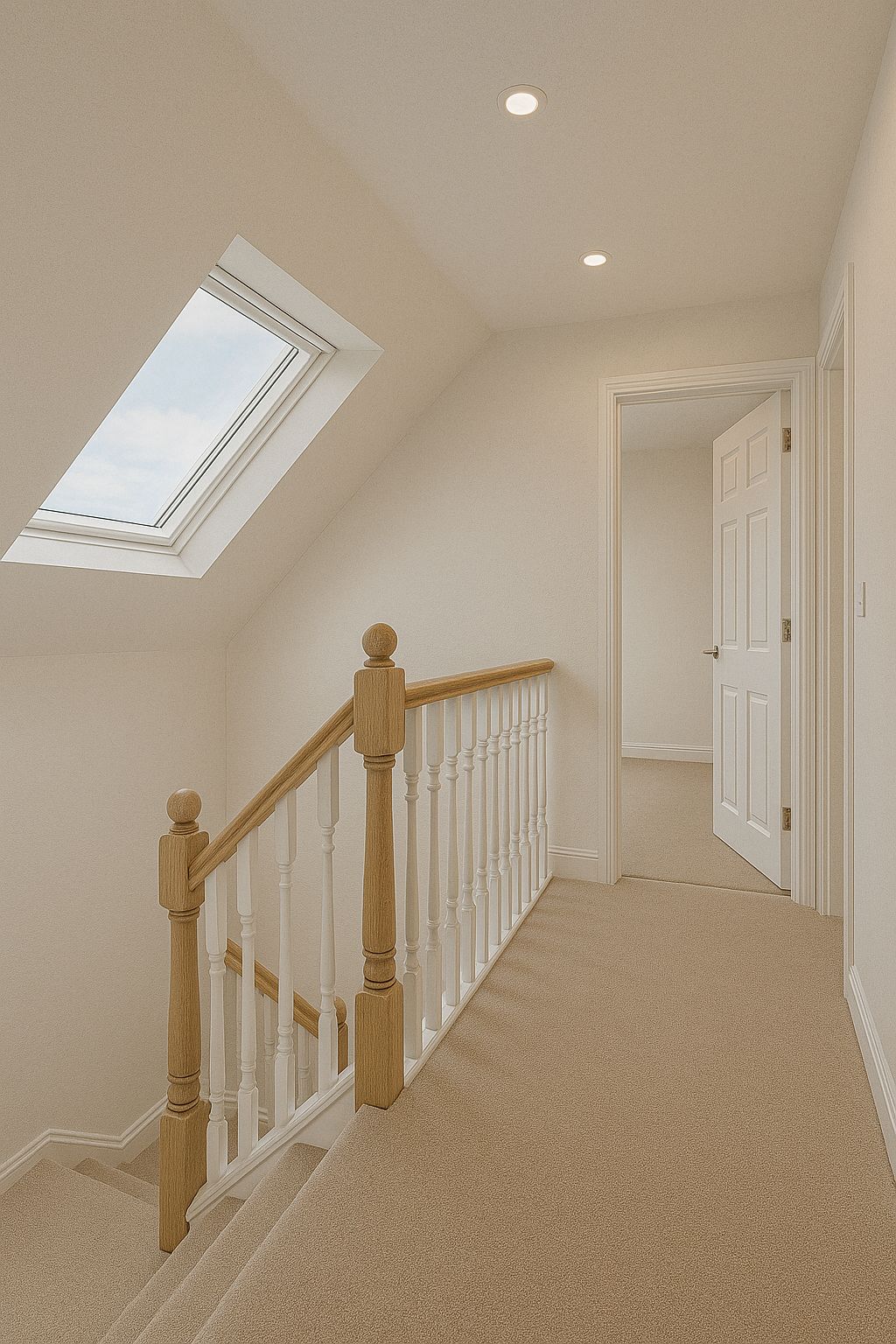 Bright loft conversion hallway and staircase with skylight, light wood handrail, and modern design